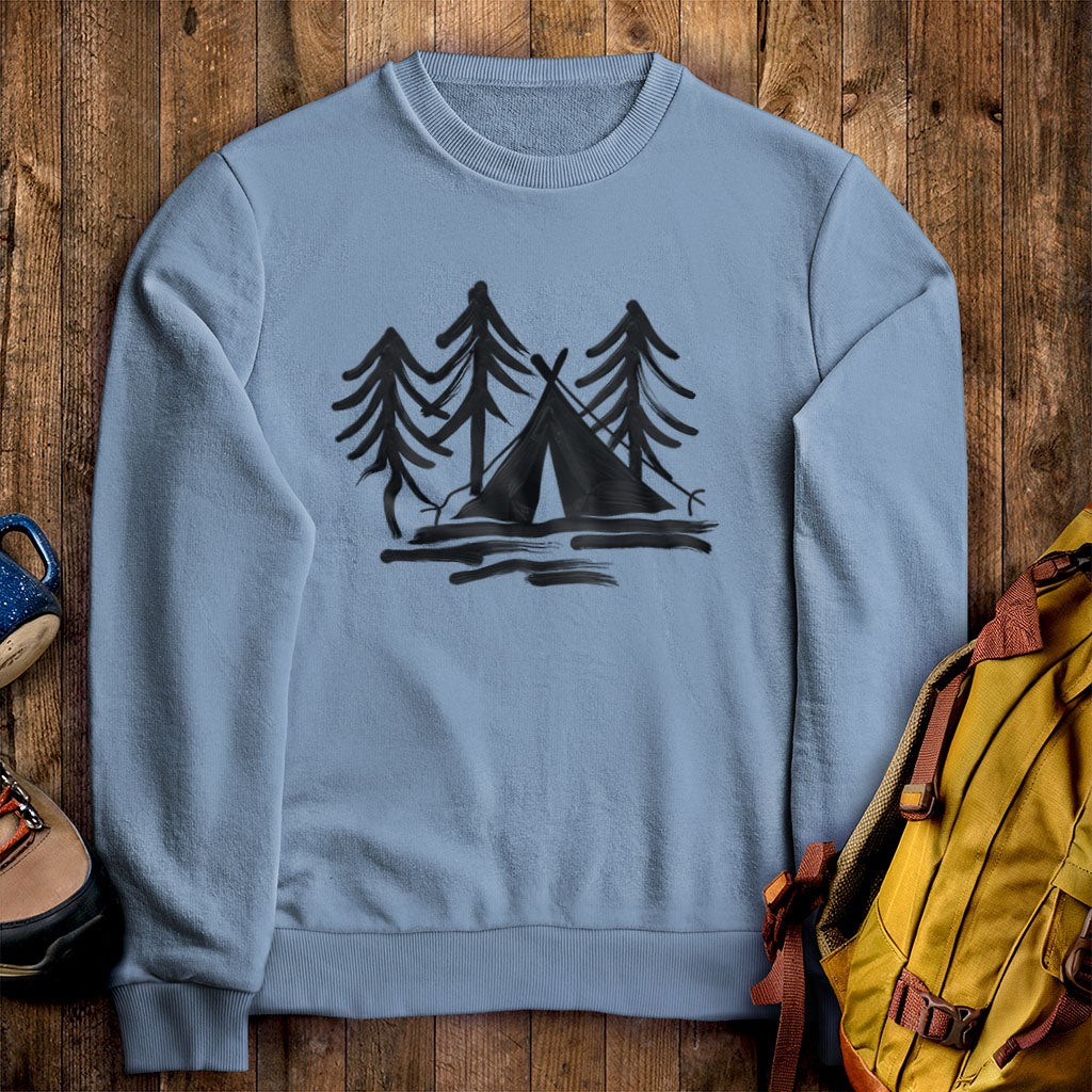 Painted Camp Crewneck Sweatshirt Stone Blue Adventure and Outdoors Themed Sweatshirt