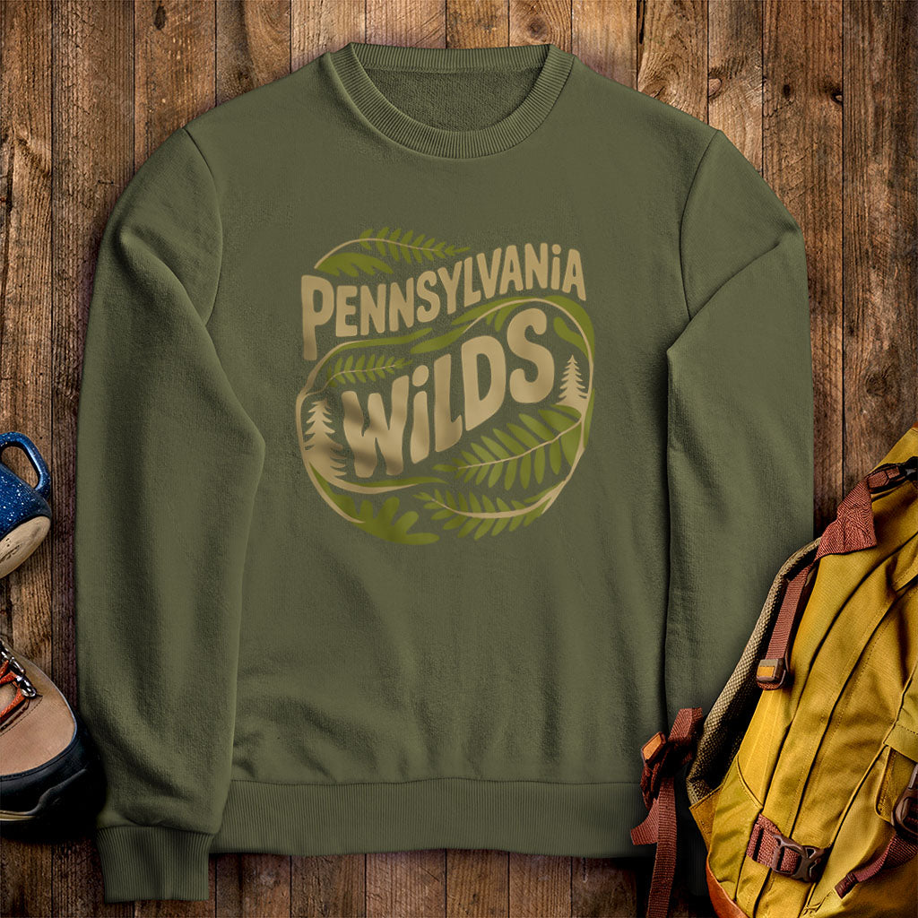 Pennsylvania Wilds Ferns Crewneck Sweatshirt Military Green Adventure and Outdoors Themed Sweatshirt