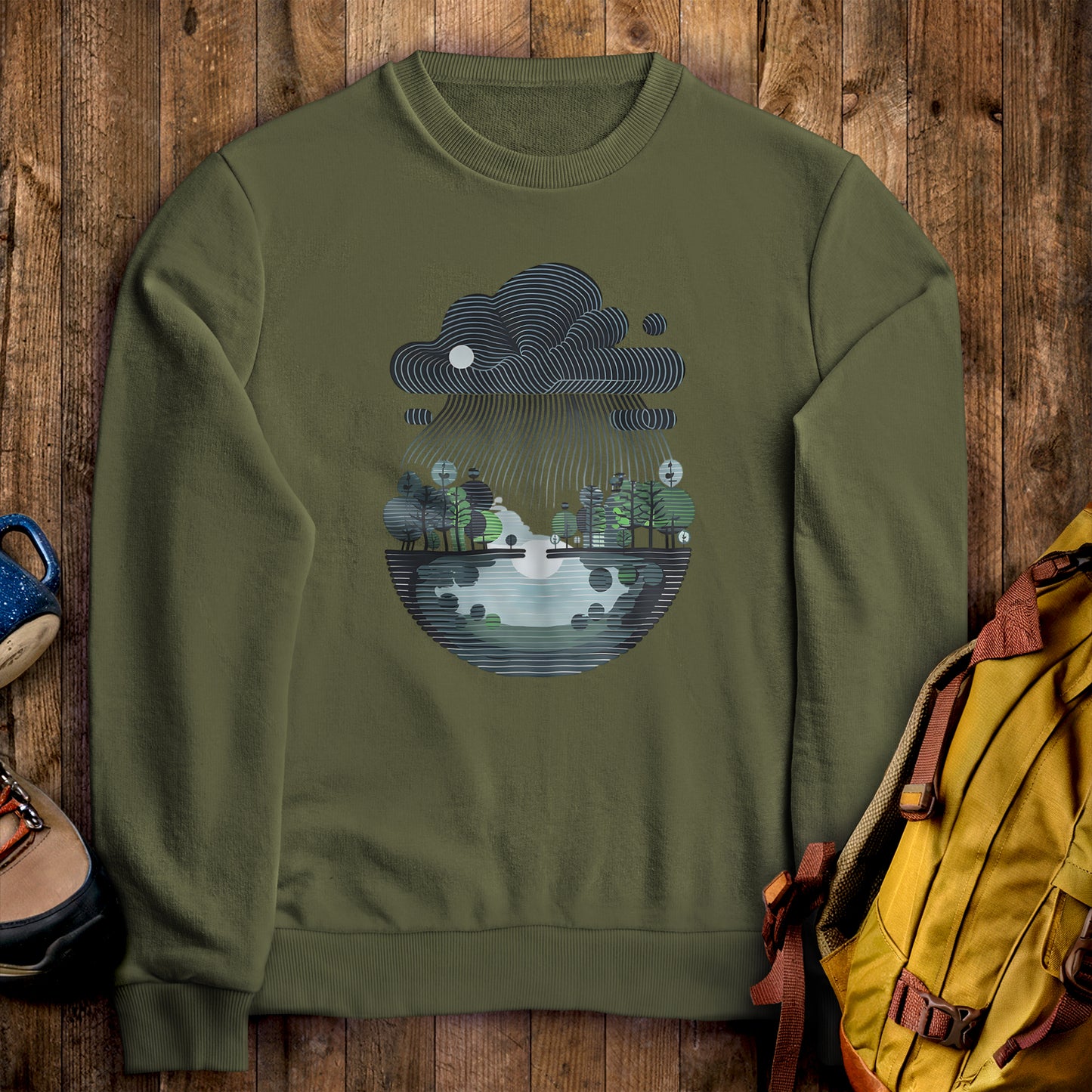 Rainy Day Reflection Crewneck Sweatshirt Military Green Adventure and Outdoors Themed Sweatshirt