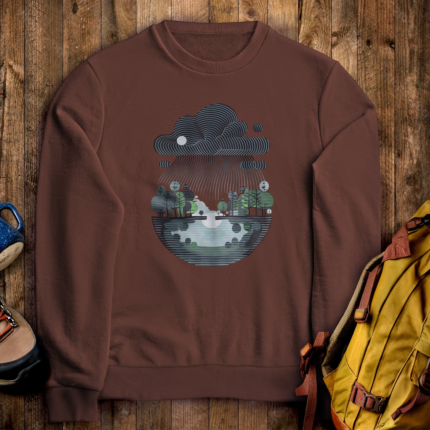 Rainy Day Reflection Crewneck Sweatshirt Cocoa Adventure and Outdoors Themed Sweatshirt