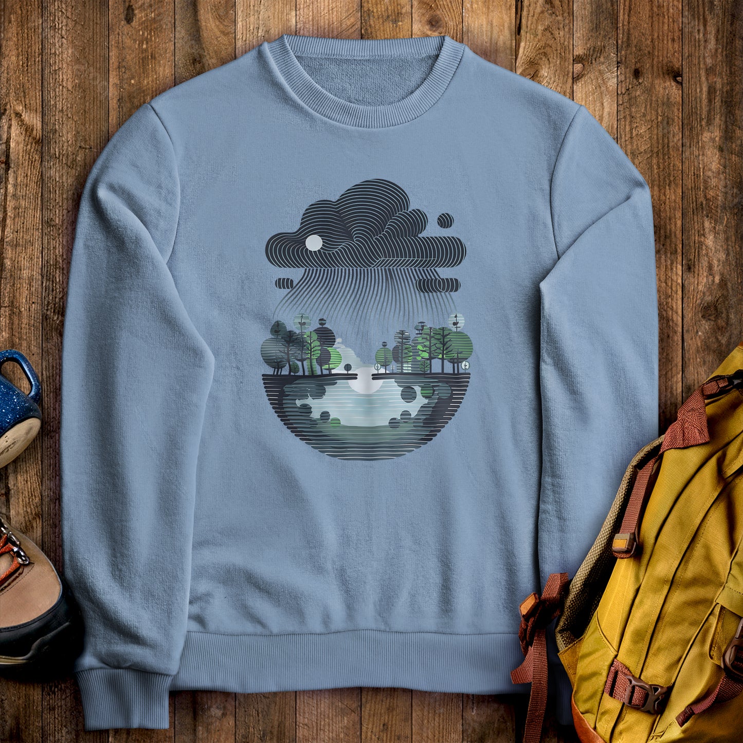 Rainy Day Reflection Crewneck Sweatshirt Stone Blue Adventure and Outdoors Themed Sweatshirt