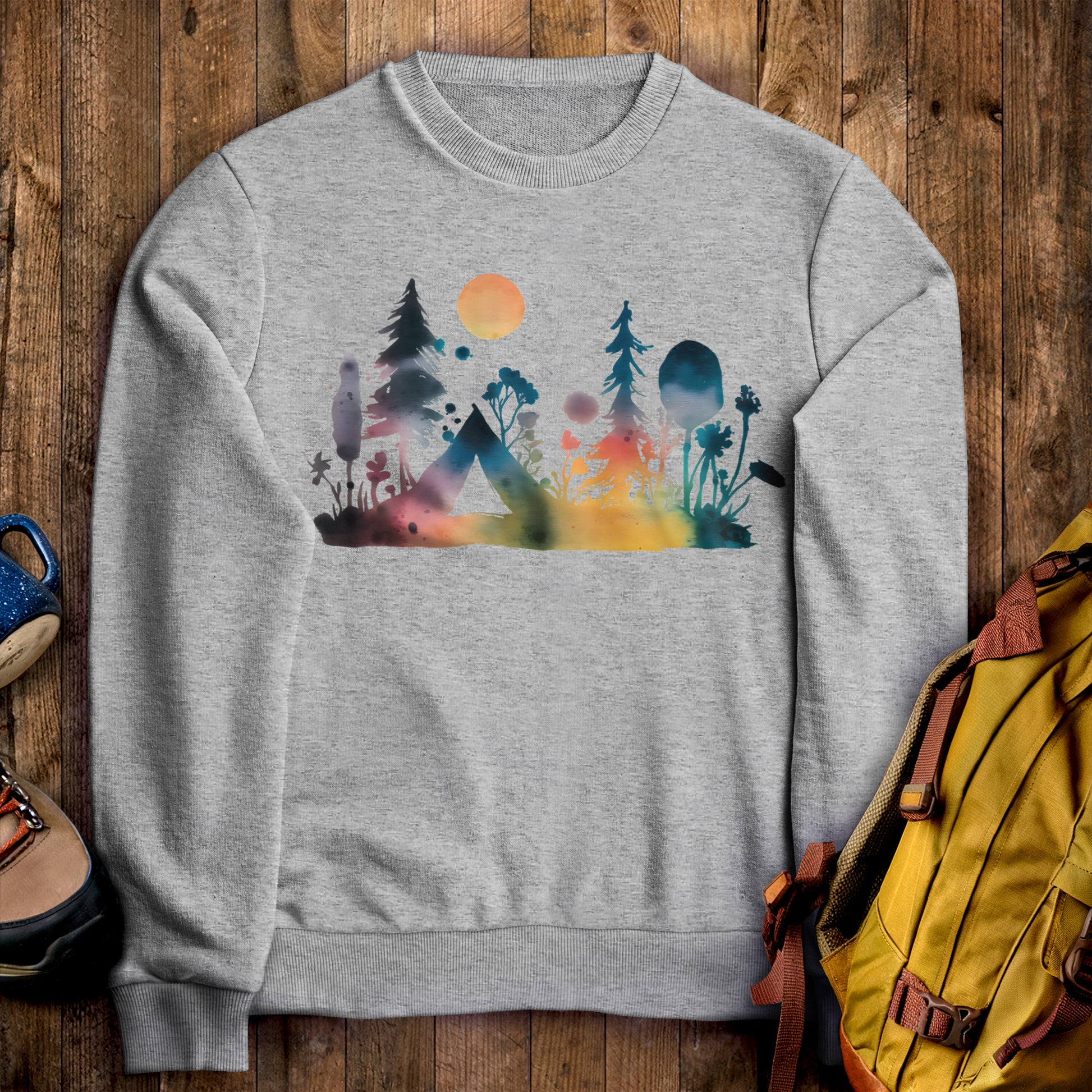 Watercolor Wildflower Retreat Crewneck Sweatshirt Sport Grey Adventure and Outdoors Themed Sweatshirt