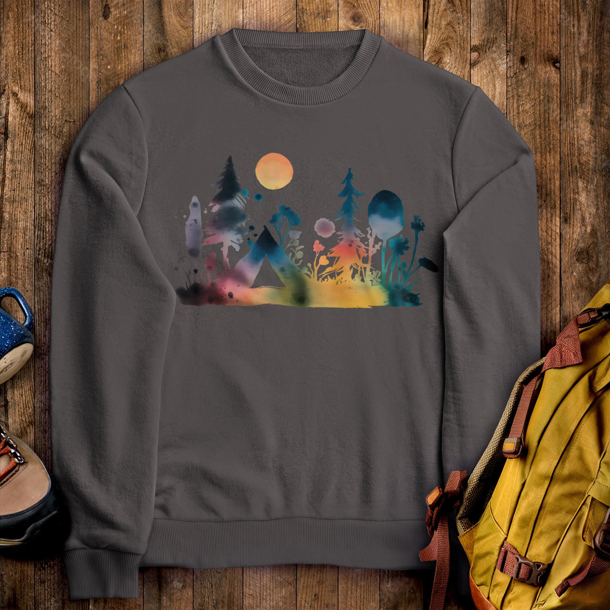Watercolor Wildflower Retreat Crewneck Sweatshirt Charcoal Adventure and Outdoors Themed Sweatshirt