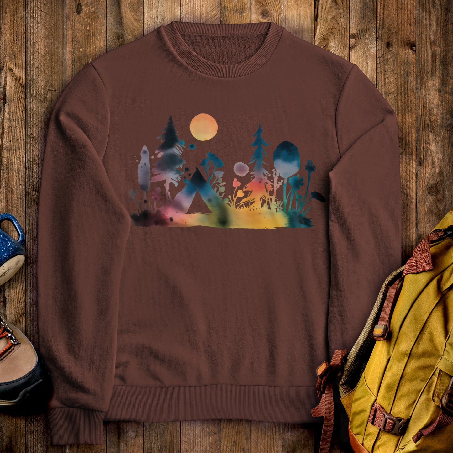 Watercolor Wildflower Retreat Crewneck Sweatshirt Cocoa Adventure and Outdoors Themed Sweatshirt