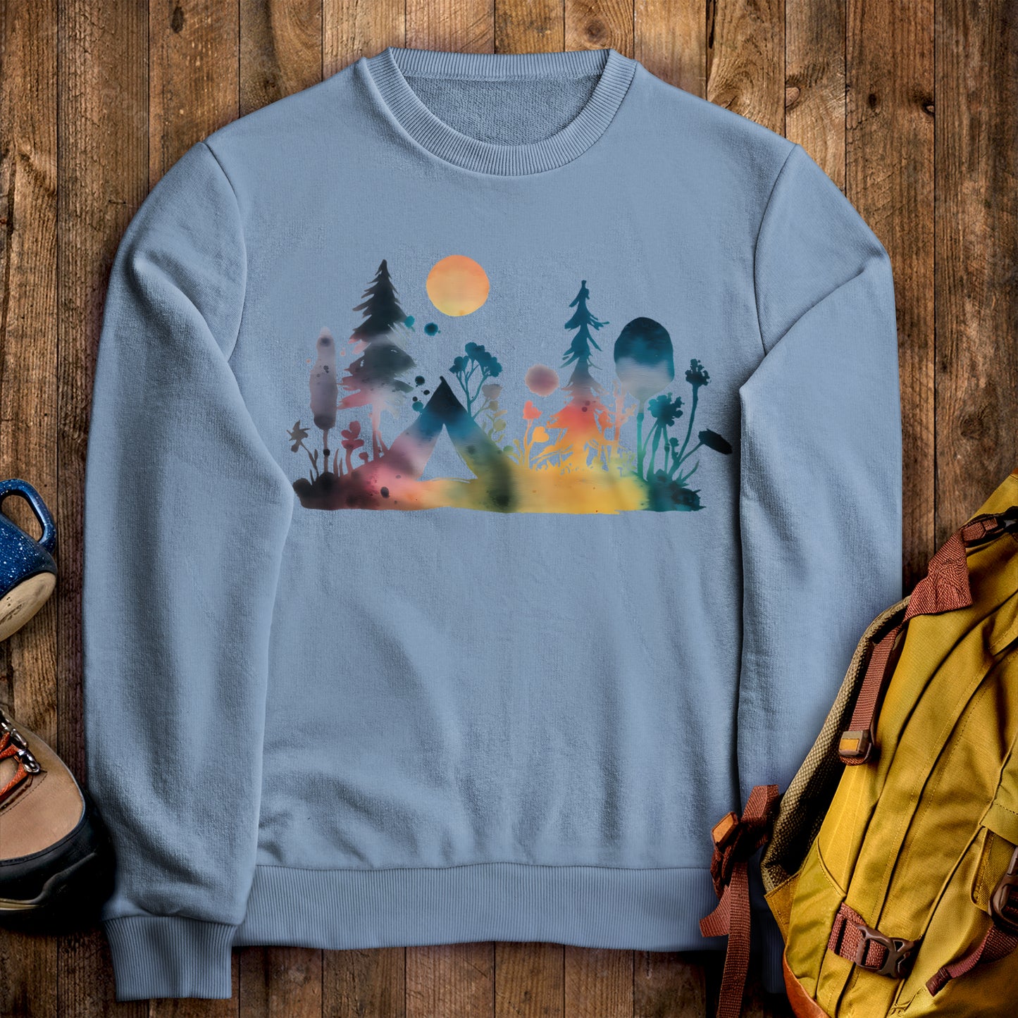Watercolor Wildflower Retreat Crewneck Sweatshirt Stone Blue Adventure and Outdoors Themed Sweatshirt