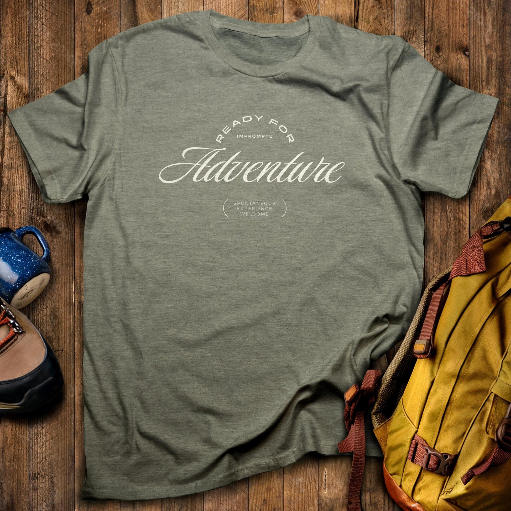 Ready for Adventure T-Shirt Heather Military Green Adventure and Outdoors Themed T-Shirt