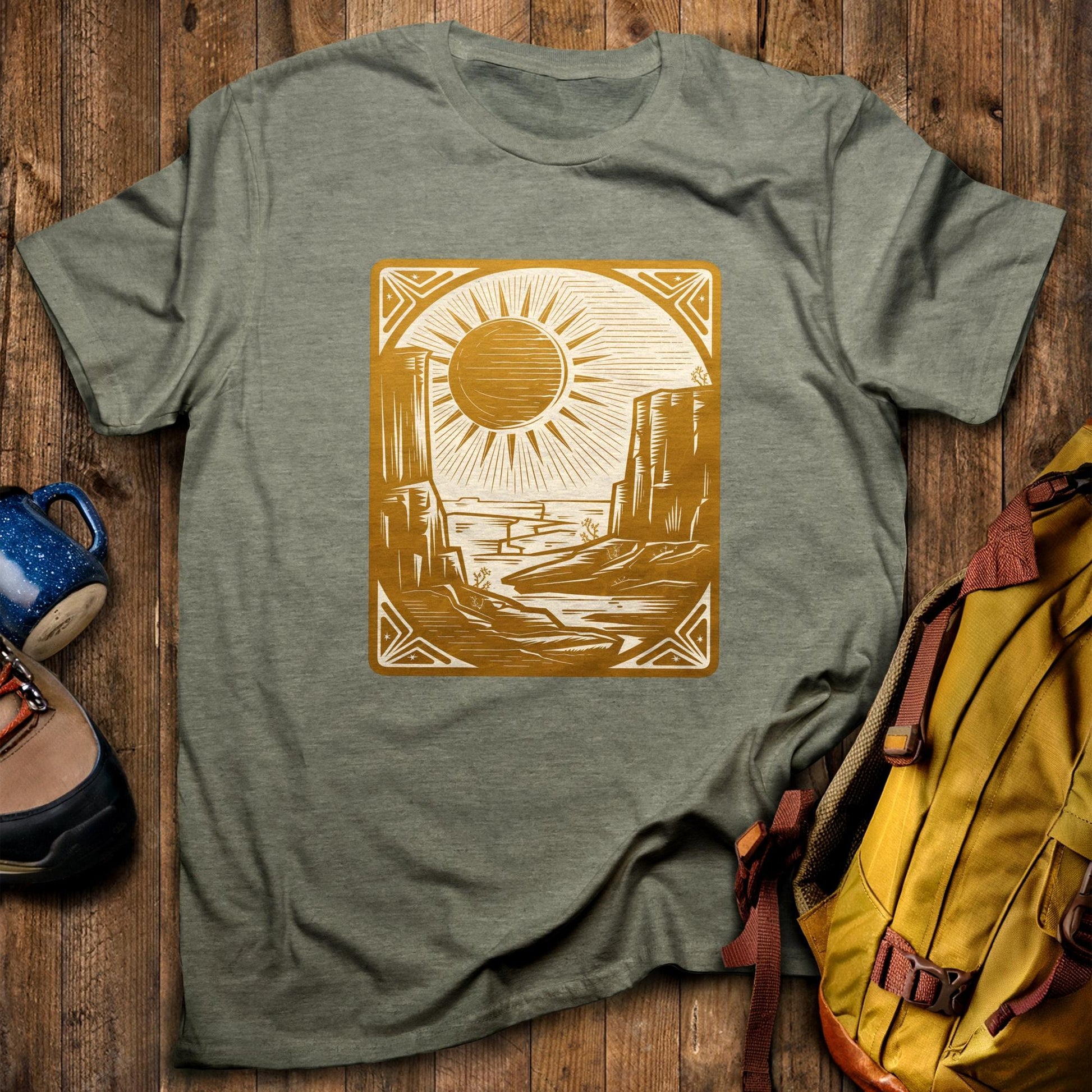 The Wanderer Tarot T-Shirt Heather Military Green Adventure and Outdoors Themed T-Shirt
