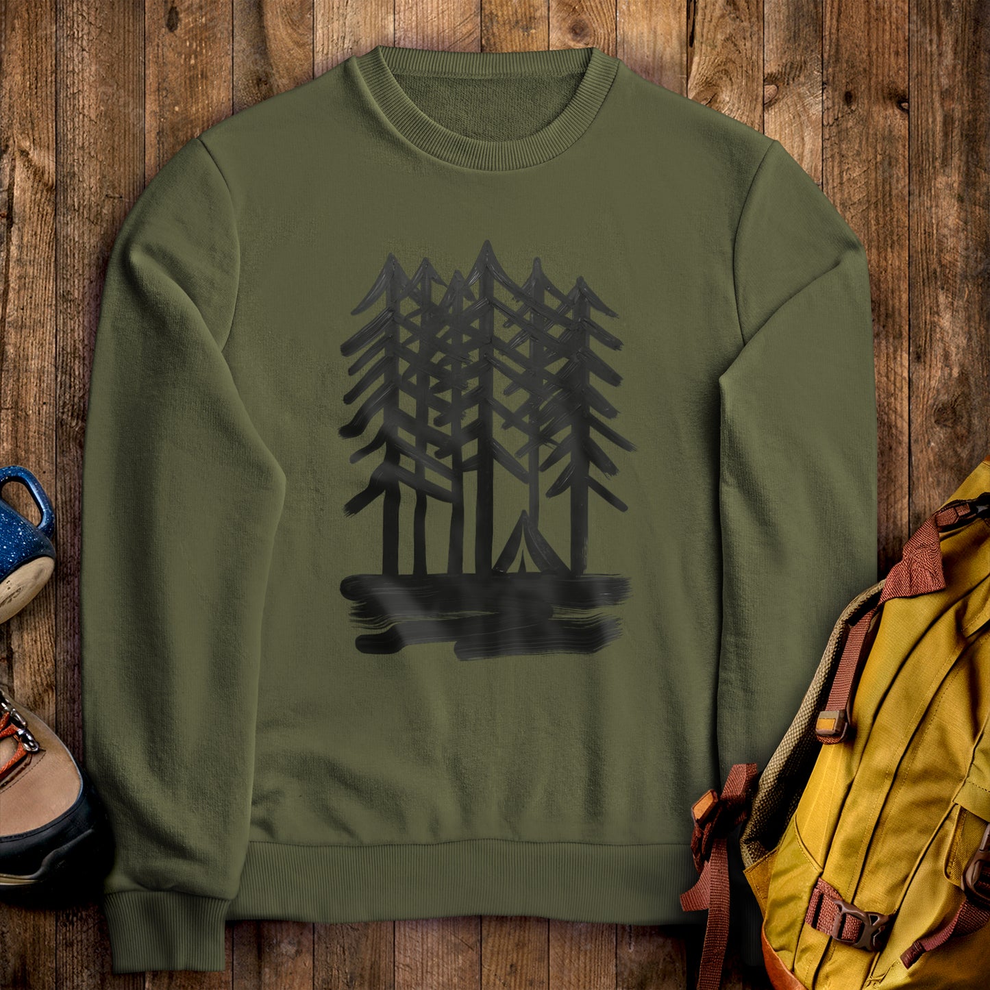 Tall Tree Painting Crewneck Sweatshirt Military Green Adventure and Outdoors Themed Sweatshirt