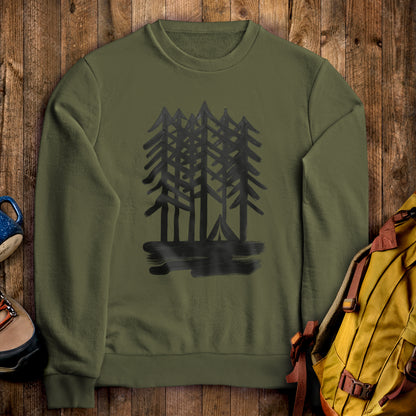 Tall Tree Painting Crewneck Sweatshirt Military Green Adventure and Outdoors Themed Sweatshirt