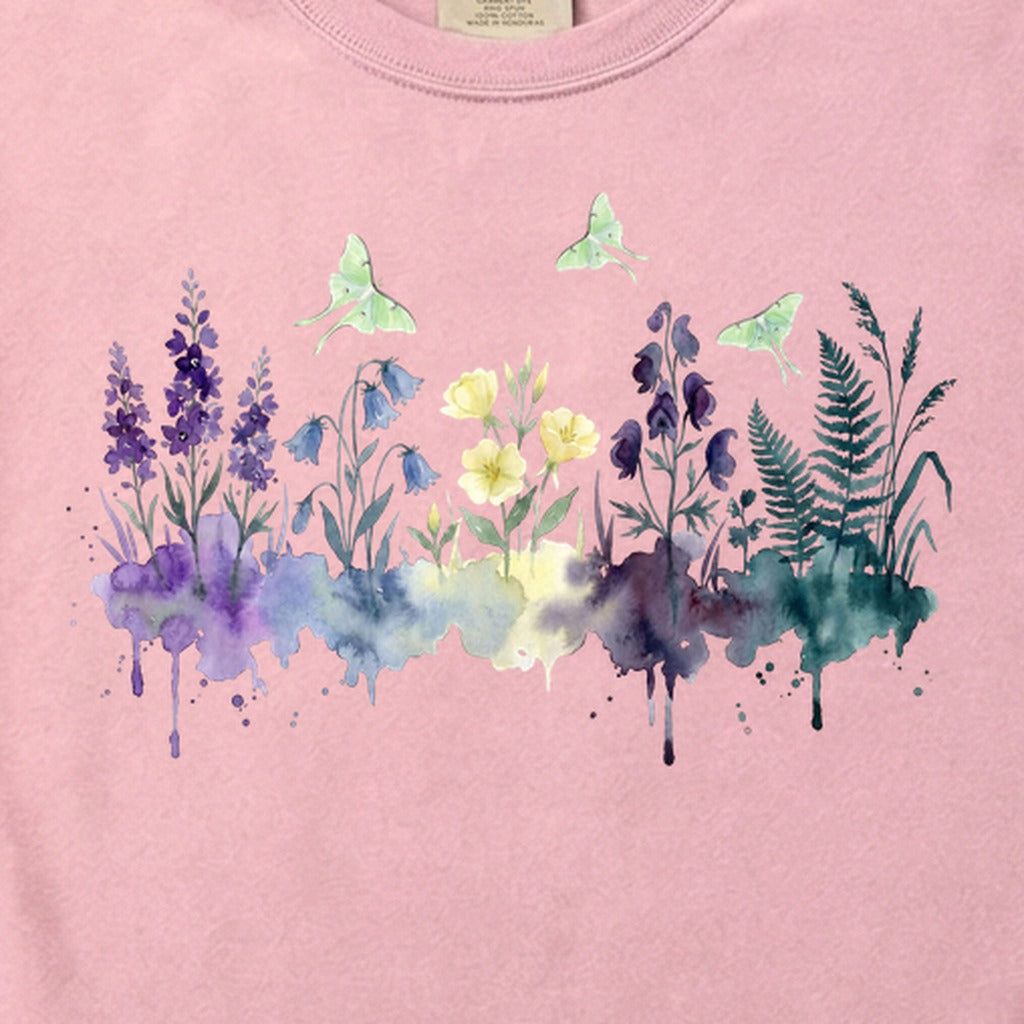 Watercolor Luna Moth Wildflowers Cotton T-Shirt