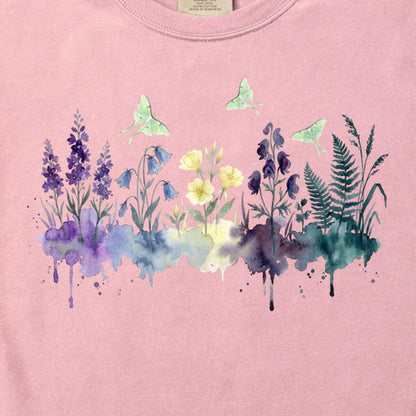 Watercolor Luna Moth Wildflowers Cotton T-Shirt