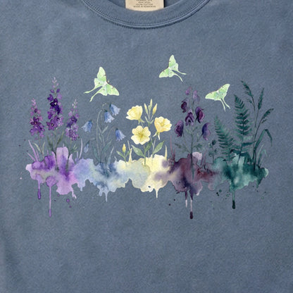 Watercolor Luna Moth Wildflowers Cotton T-Shirt
