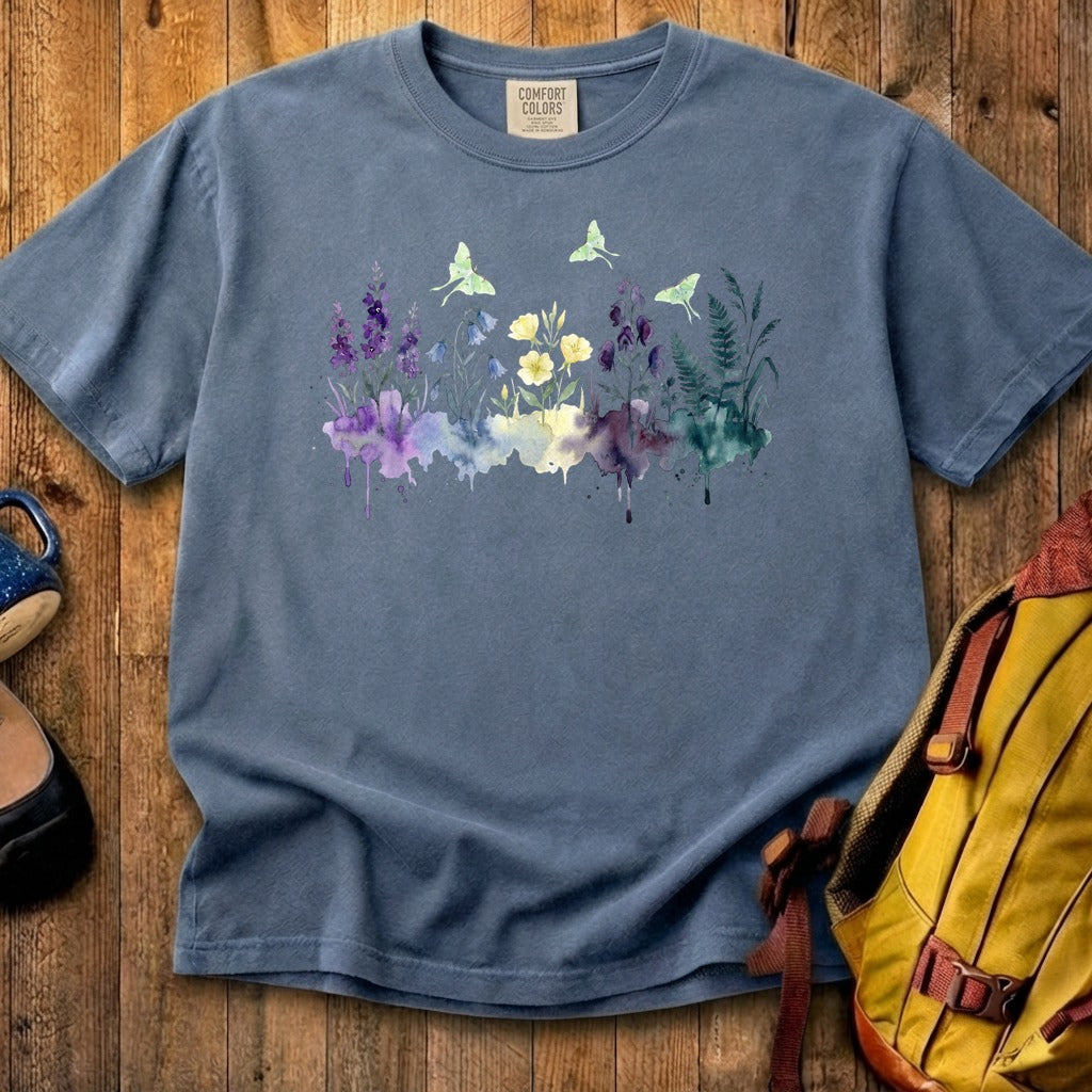 Watercolor Luna Moth Wildflowers Cotton T-Shirt