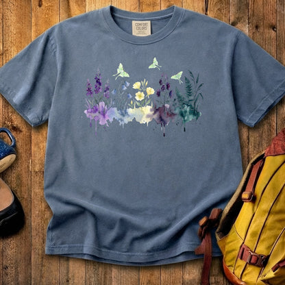 Watercolor Luna Moth Wildflowers Cotton T-Shirt