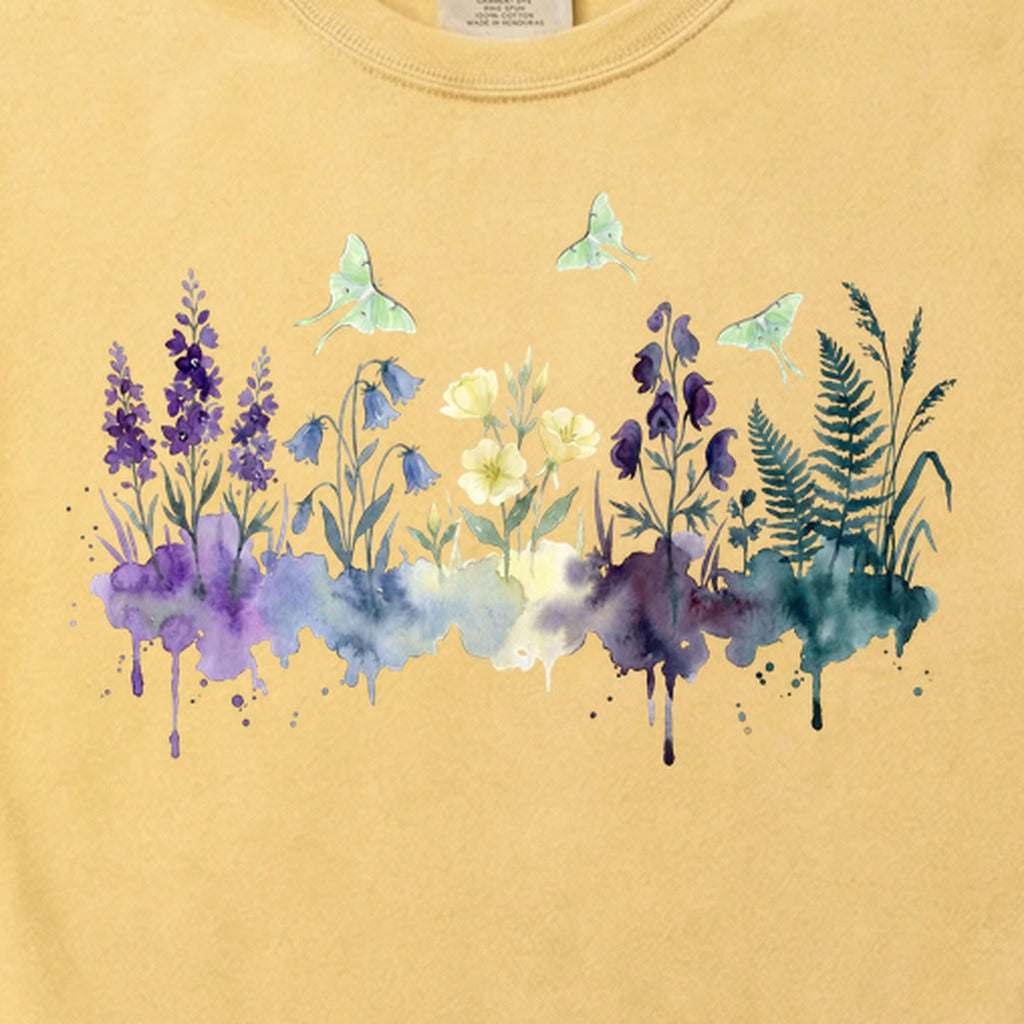 Watercolor Luna Moth Wildflowers Cotton T-Shirt