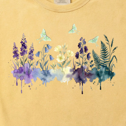 Watercolor Luna Moth Wildflowers Cotton T-Shirt