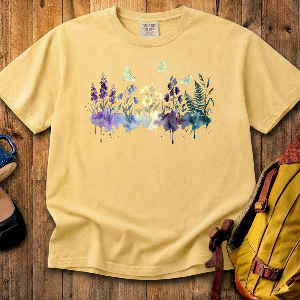 Watercolor Luna Moth Wildflowers Cotton T-Shirt