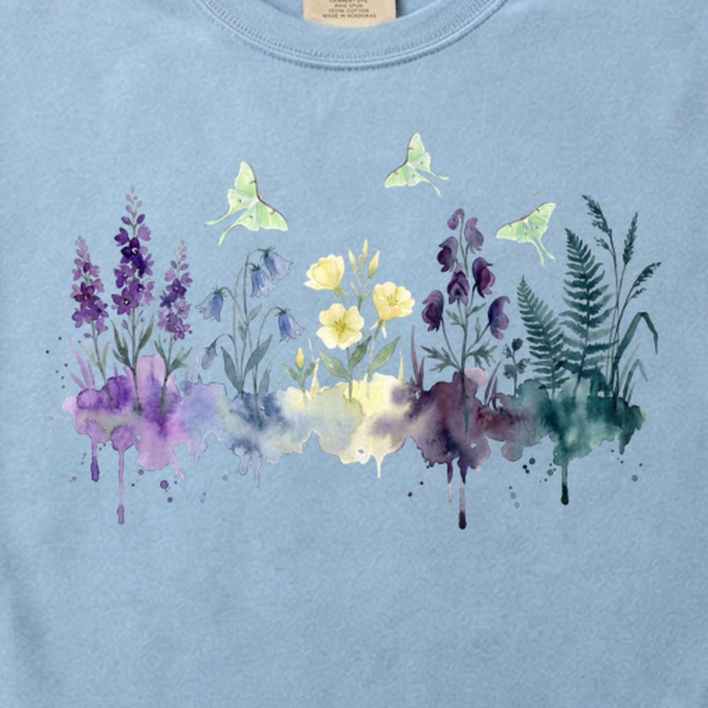 Watercolor Luna Moth Wildflowers Cotton T-Shirt