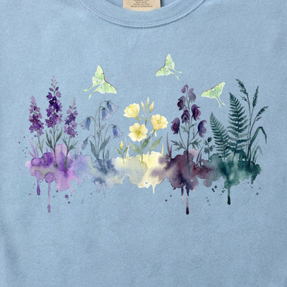 Watercolor Luna Moth Wildflowers Cotton T-Shirt