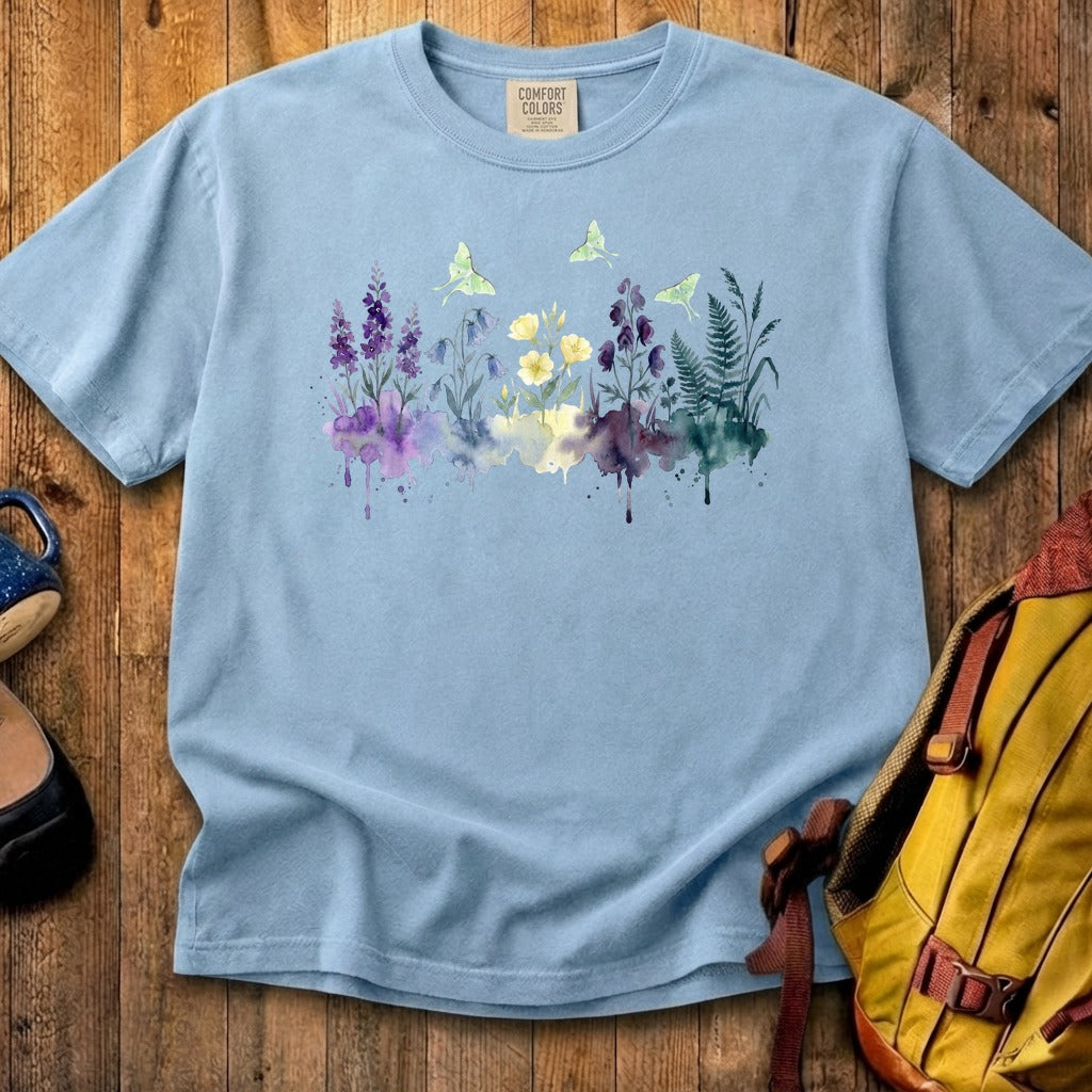 Watercolor Luna Moth Wildflowers Cotton T-Shirt