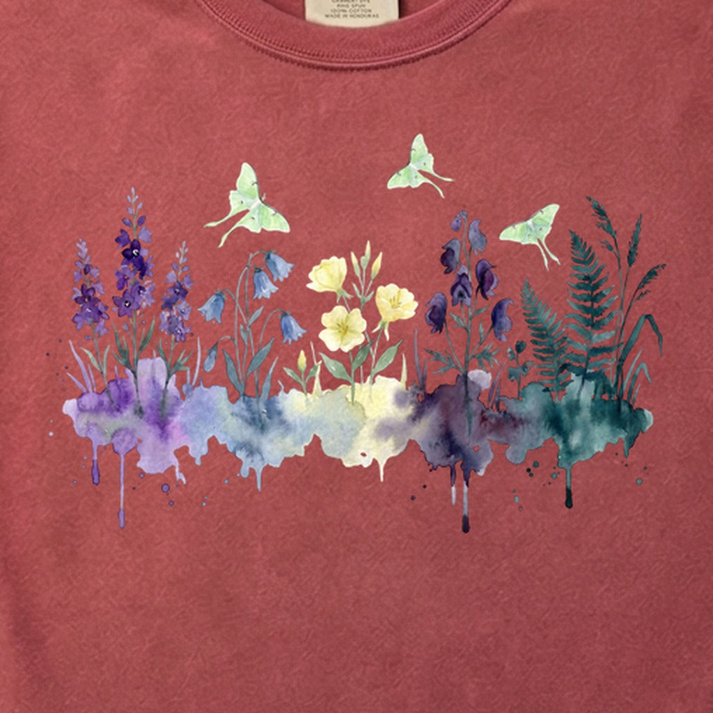 Watercolor Luna Moth Wildflowers Cotton T-Shirt