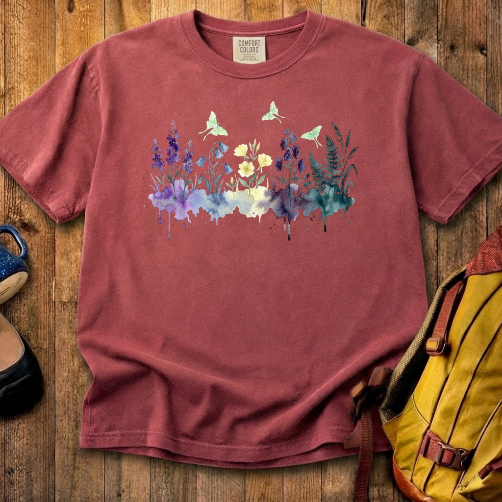 Watercolor Luna Moth Wildflowers Cotton T-Shirt