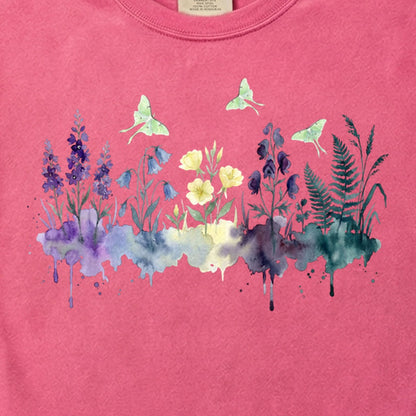 Watercolor Luna Moth Wildflowers Cotton T-Shirt