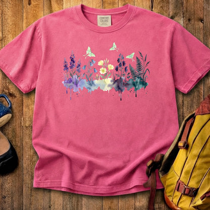 Watercolor Luna Moth Wildflowers Cotton T-Shirt