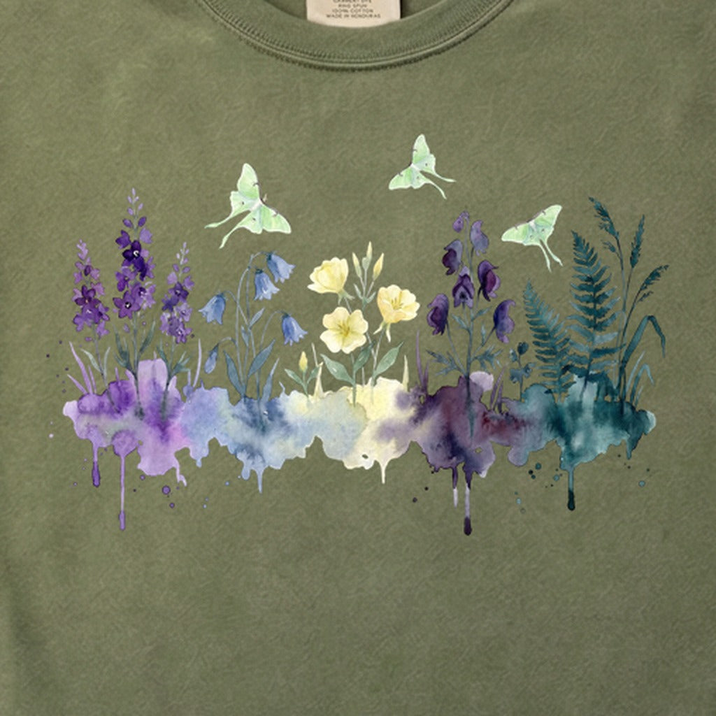 Watercolor Luna Moth Wildflowers Cotton T-Shirt