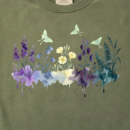Watercolor Luna Moth Wildflowers Cotton T-Shirt