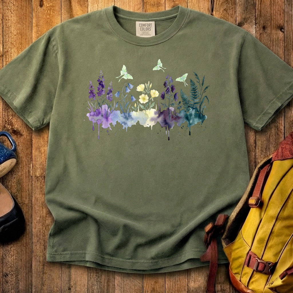 Watercolor Luna Moth Wildflowers Cotton T-Shirt