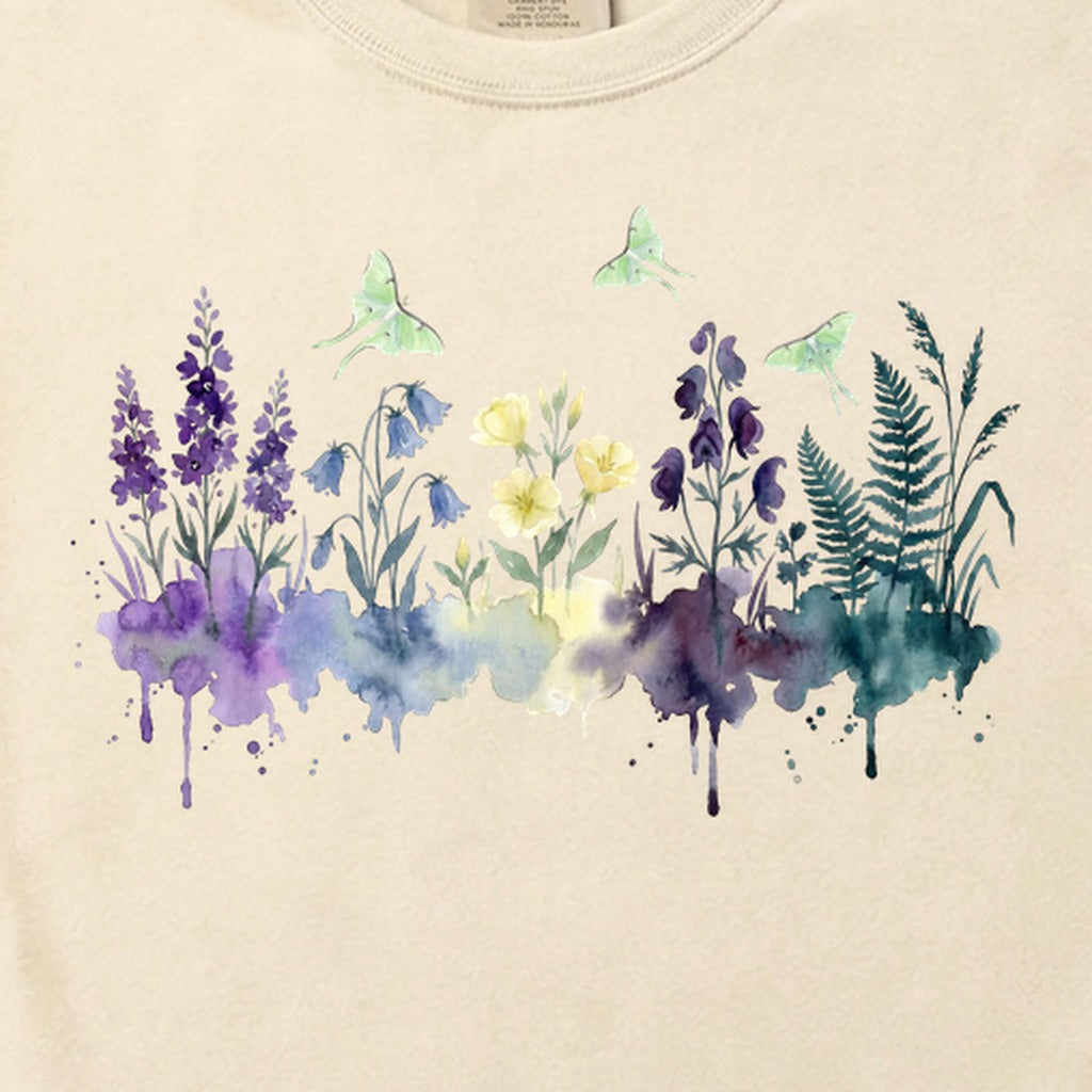 Watercolor Luna Moth Wildflowers Cotton T-Shirt