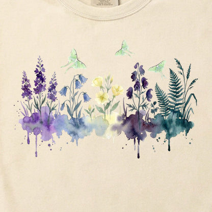 Watercolor Luna Moth Wildflowers Cotton T-Shirt