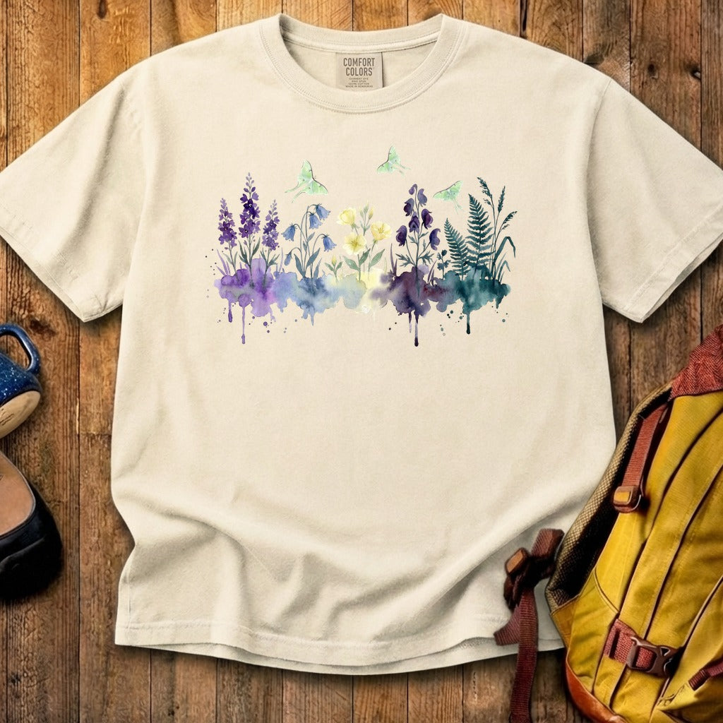 Watercolor Luna Moth Wildflowers Cotton T-Shirt
