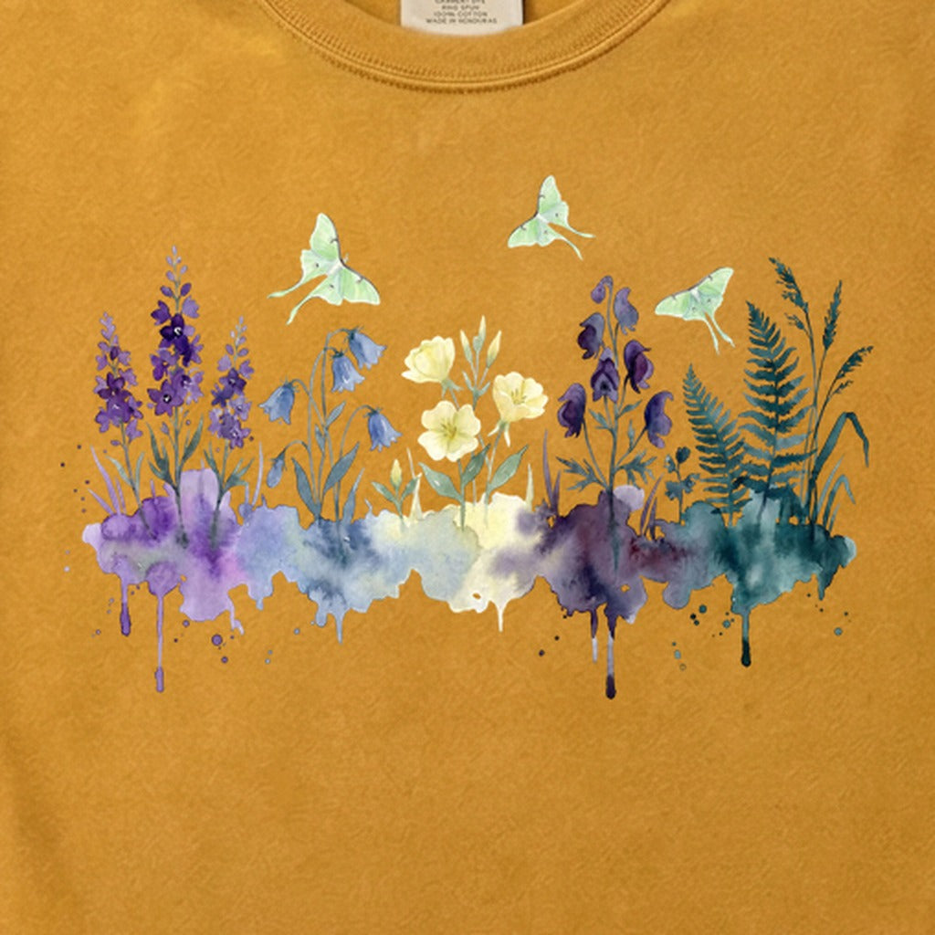Watercolor Luna Moth Wildflowers Cotton T-Shirt