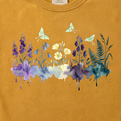 Watercolor Luna Moth Wildflowers Cotton T-Shirt