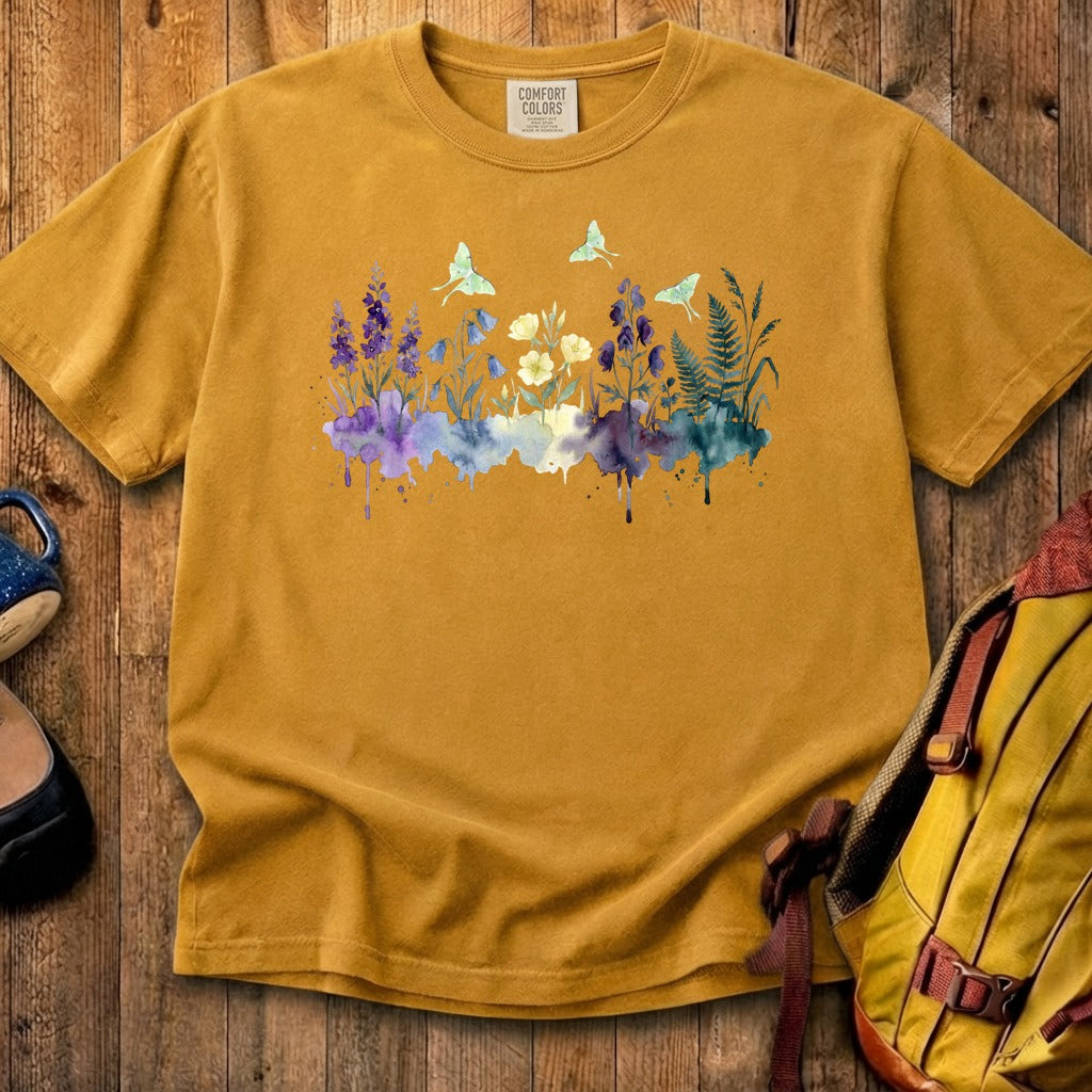 Watercolor Luna Moth Wildflowers Cotton T-Shirt