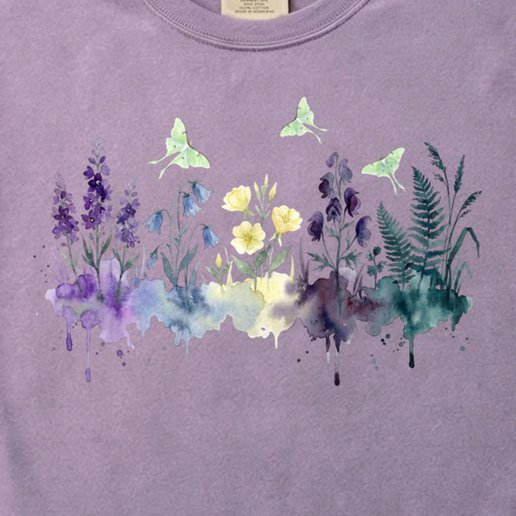Watercolor Luna Moth Wildflowers Cotton T-Shirt