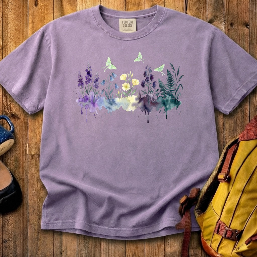 Watercolor Luna Moth Wildflowers Cotton T-Shirt