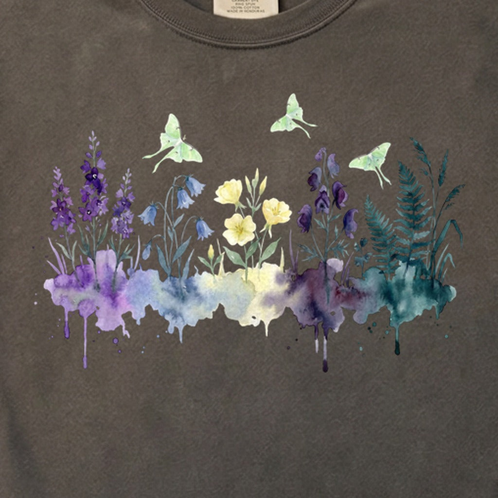Watercolor Luna Moth Wildflowers Cotton T-Shirt