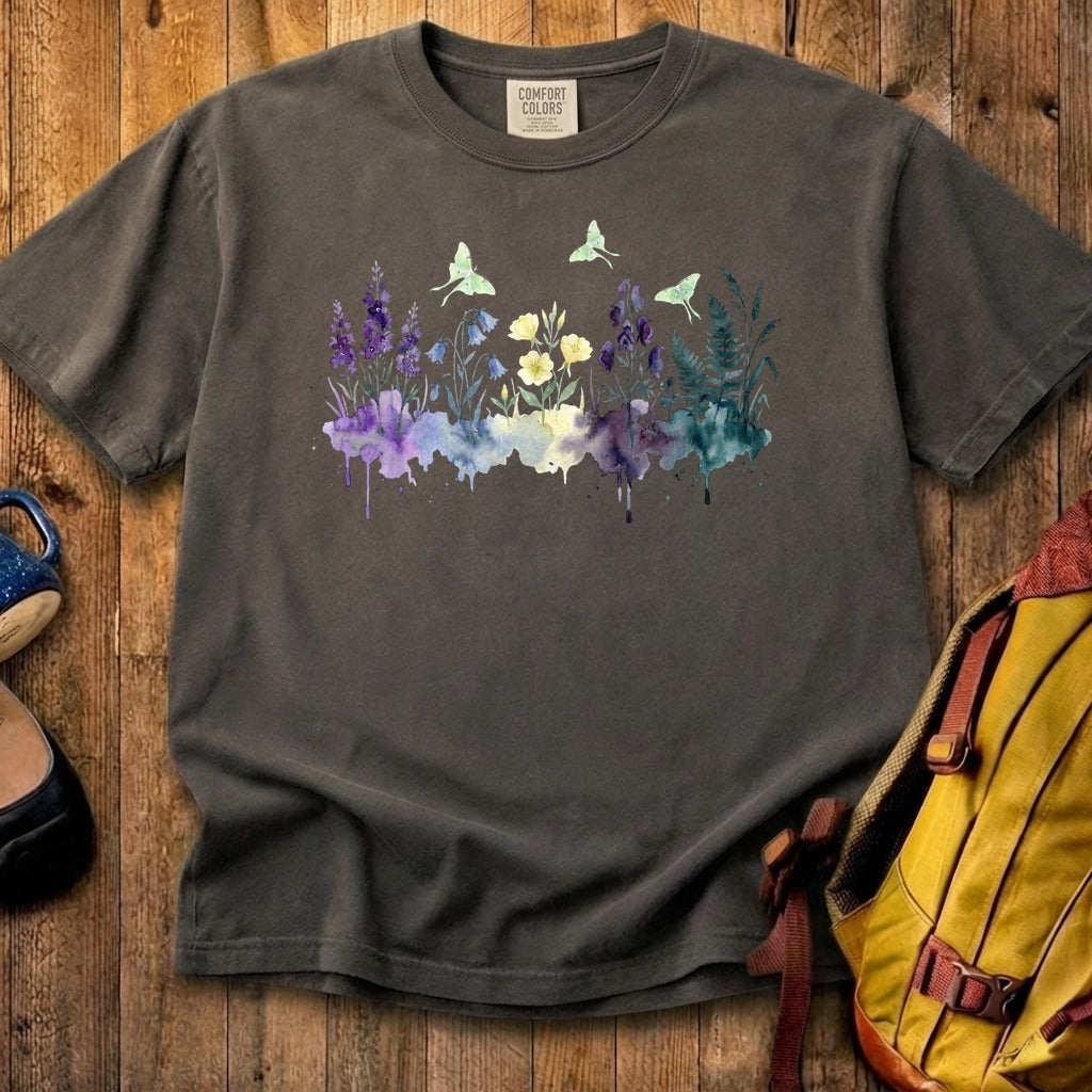 Watercolor Luna Moth Wildflowers Cotton T-Shirt