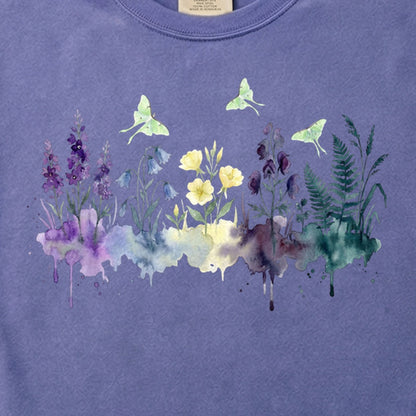 Watercolor Luna Moth Wildflowers Cotton T-Shirt