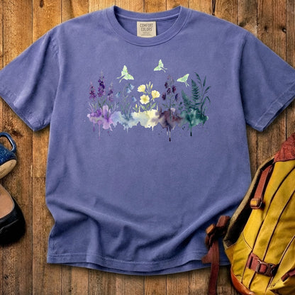 Watercolor Luna Moth Wildflowers Cotton T-Shirt
