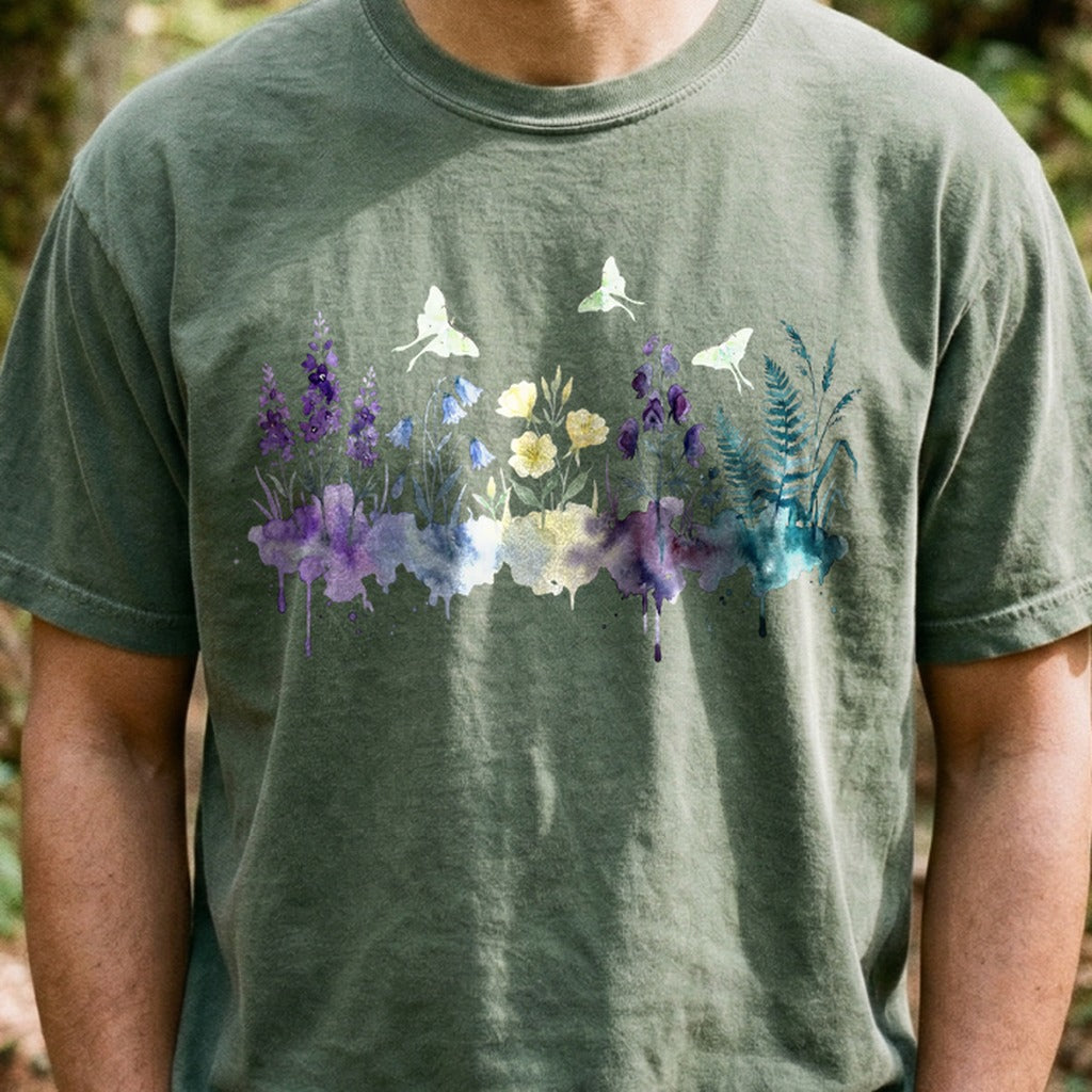 Watercolor Luna Moth Wildflowers Cotton T-Shirt