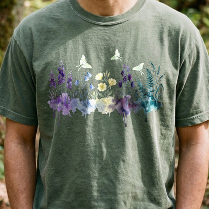 Watercolor Luna Moth Wildflowers Cotton T-Shirt