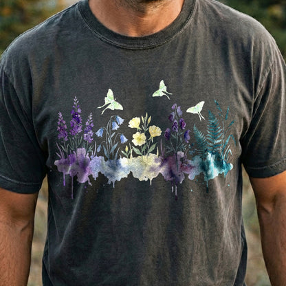 Watercolor Luna Moth Wildflowers Cotton T-Shirt