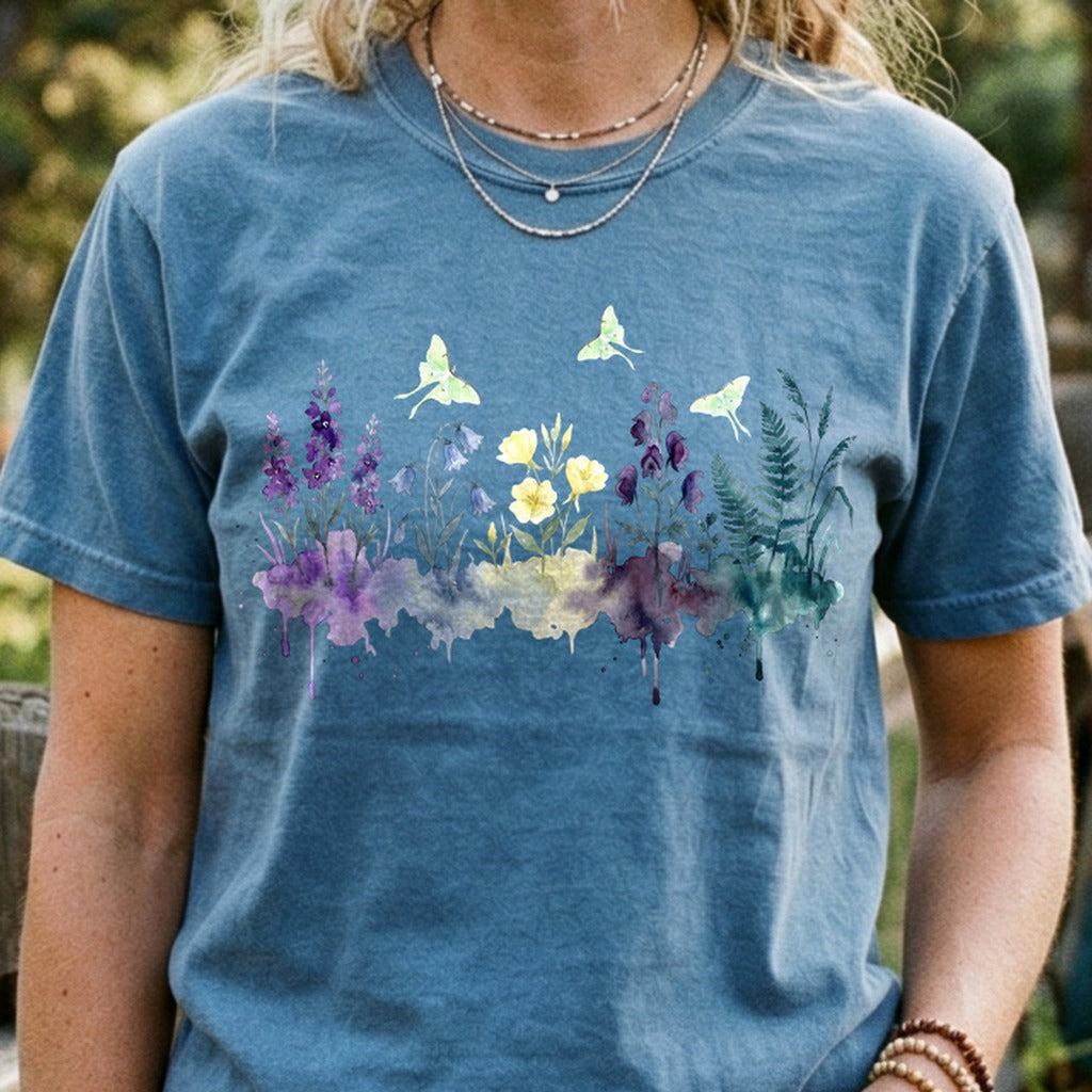 Watercolor Luna Moth Wildflowers Cotton T-Shirt