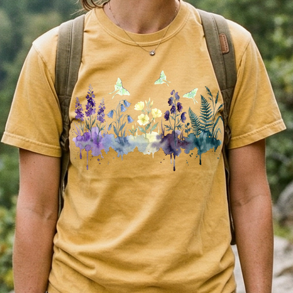 Watercolor Luna Moth Wildflowers Cotton T-Shirt