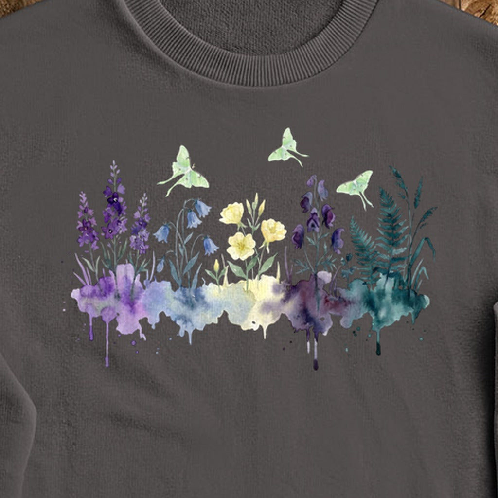 Watercolor Luna Moth Wildflowers Crewneck Sweatshirt