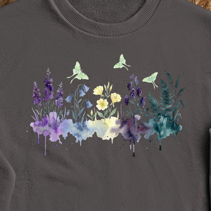 Watercolor Luna Moth Wildflowers Crewneck Sweatshirt